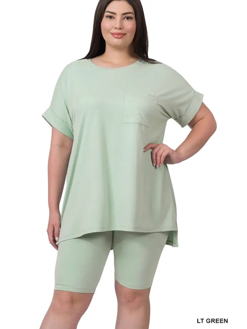Zenana Mint Plus-Size Lounge 2-piece Set - Short Sleeve Top & Biker Shorts